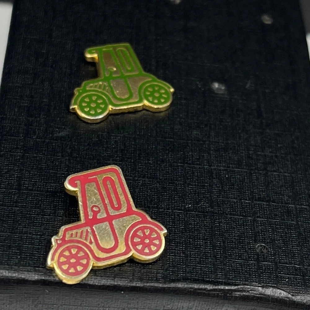 Adorable Red/Green Vintage Brass & Enamel Mini Car Pins Set of 2